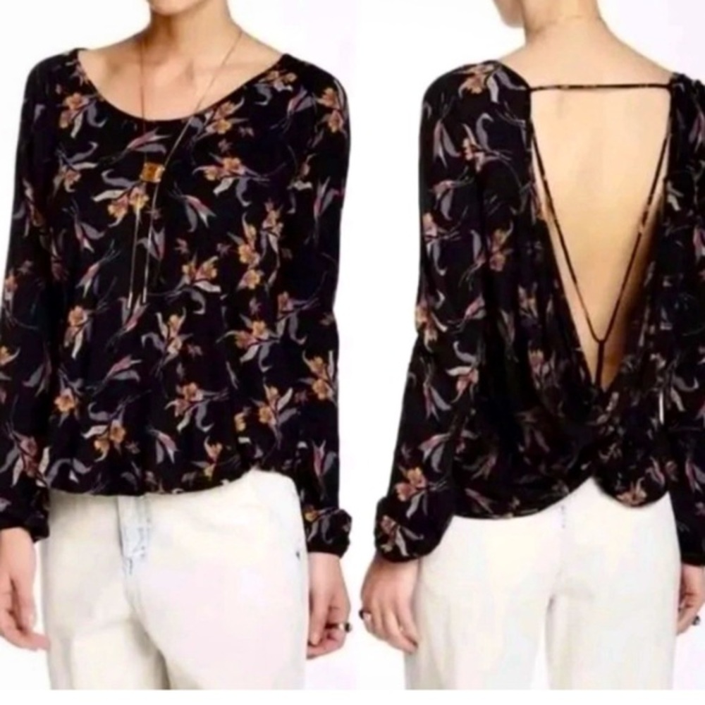 Free People Elsa Open Back flowered Top Black extra small open back Boho